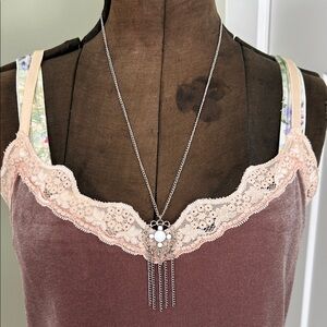 vintage tassel necklace silver tone and white beads good working closure